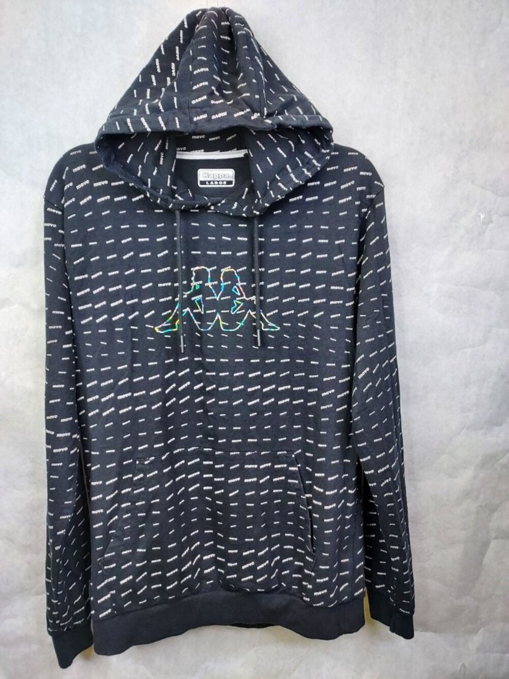Kappa "Move" Print Hoodie Men's L Metallic Omini Logo Kangaroo Pocket Streetwear